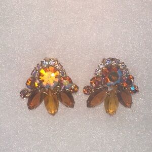 Elegant Amber Crystal Clip On Earrings